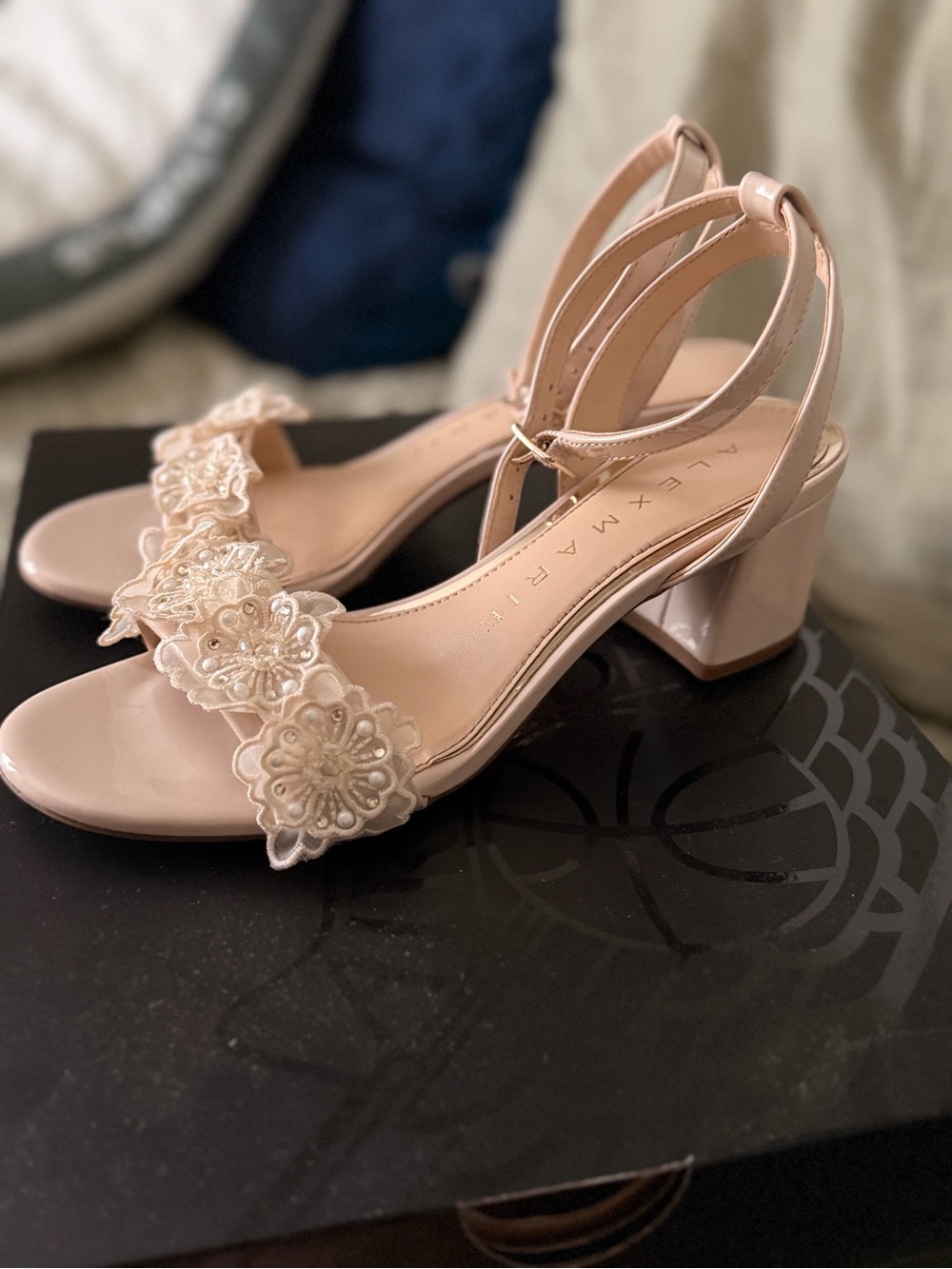 Alex Marie Blush Floral Appliqué Block Heel Sandals
